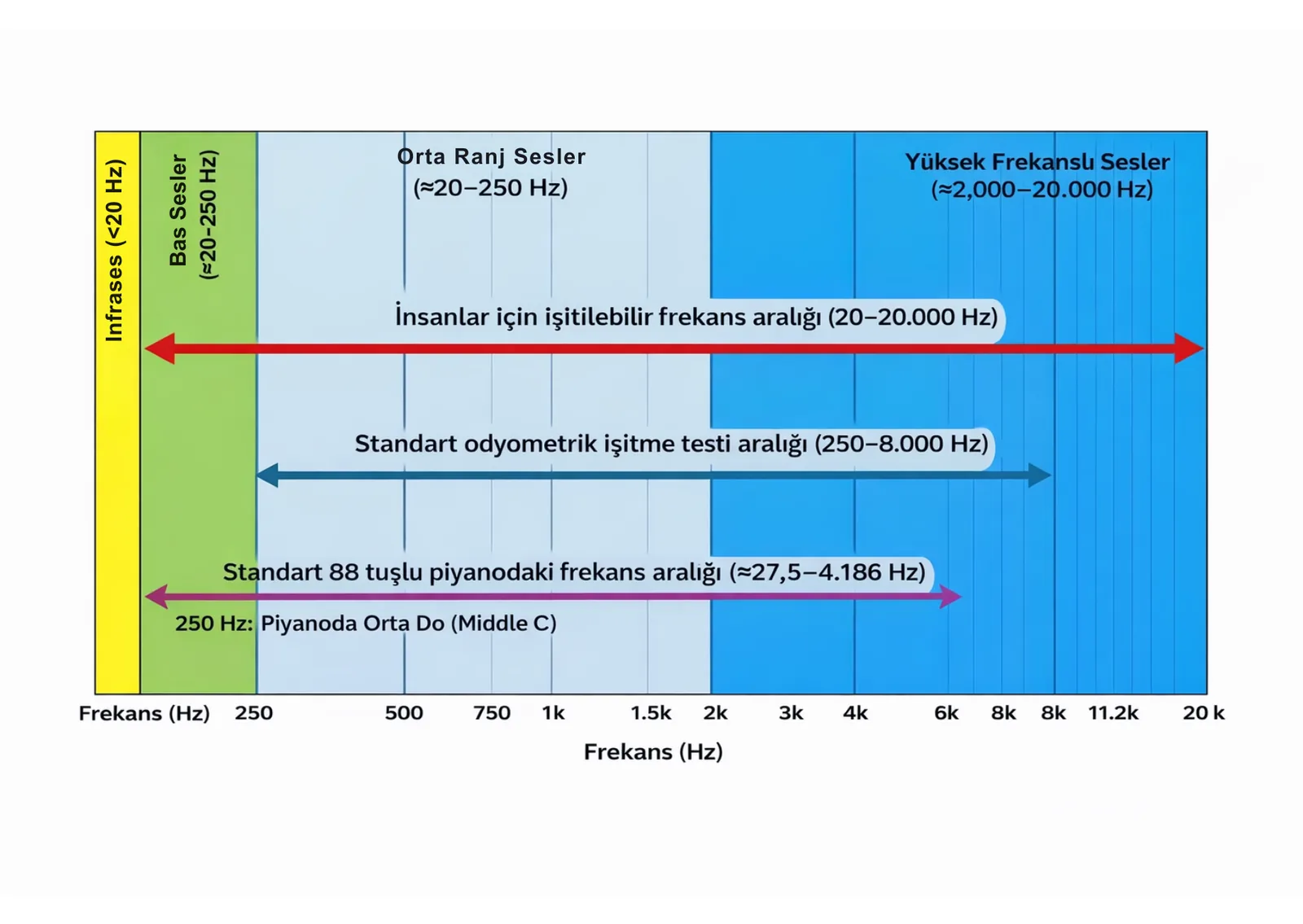 Comparison of the audible frequency range with the tested range