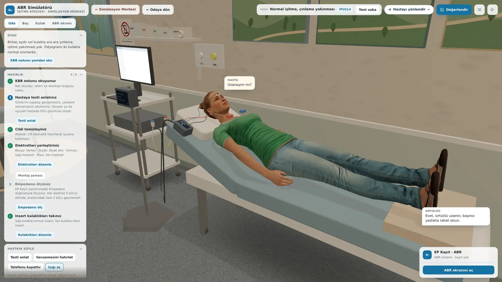 The patient on the couch with electrodes attached; the guided steps are on the left.