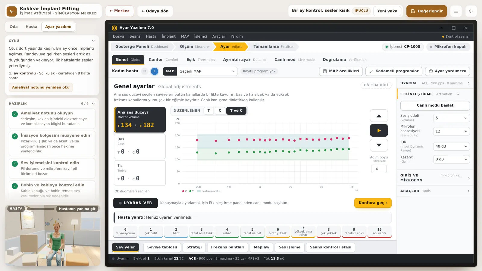 Fitting software: T and C levels per electrode, stimulation and the patient's loudness scale.