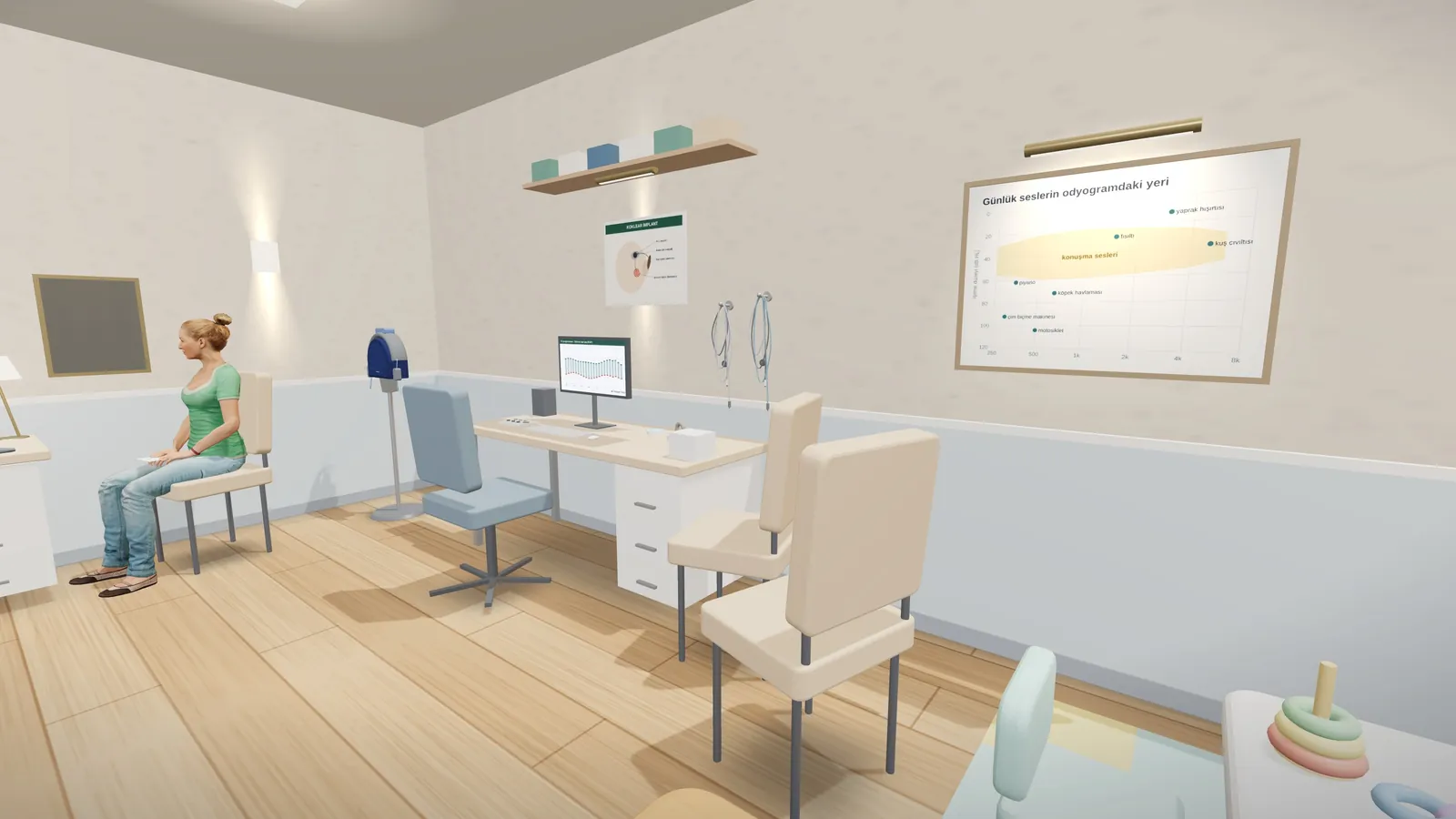 Cochlear implant programming desk; the patient in the fitting chair.