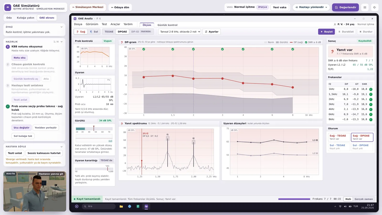 DPOAE: DP-gram and the response spectrum at the selected frequency.