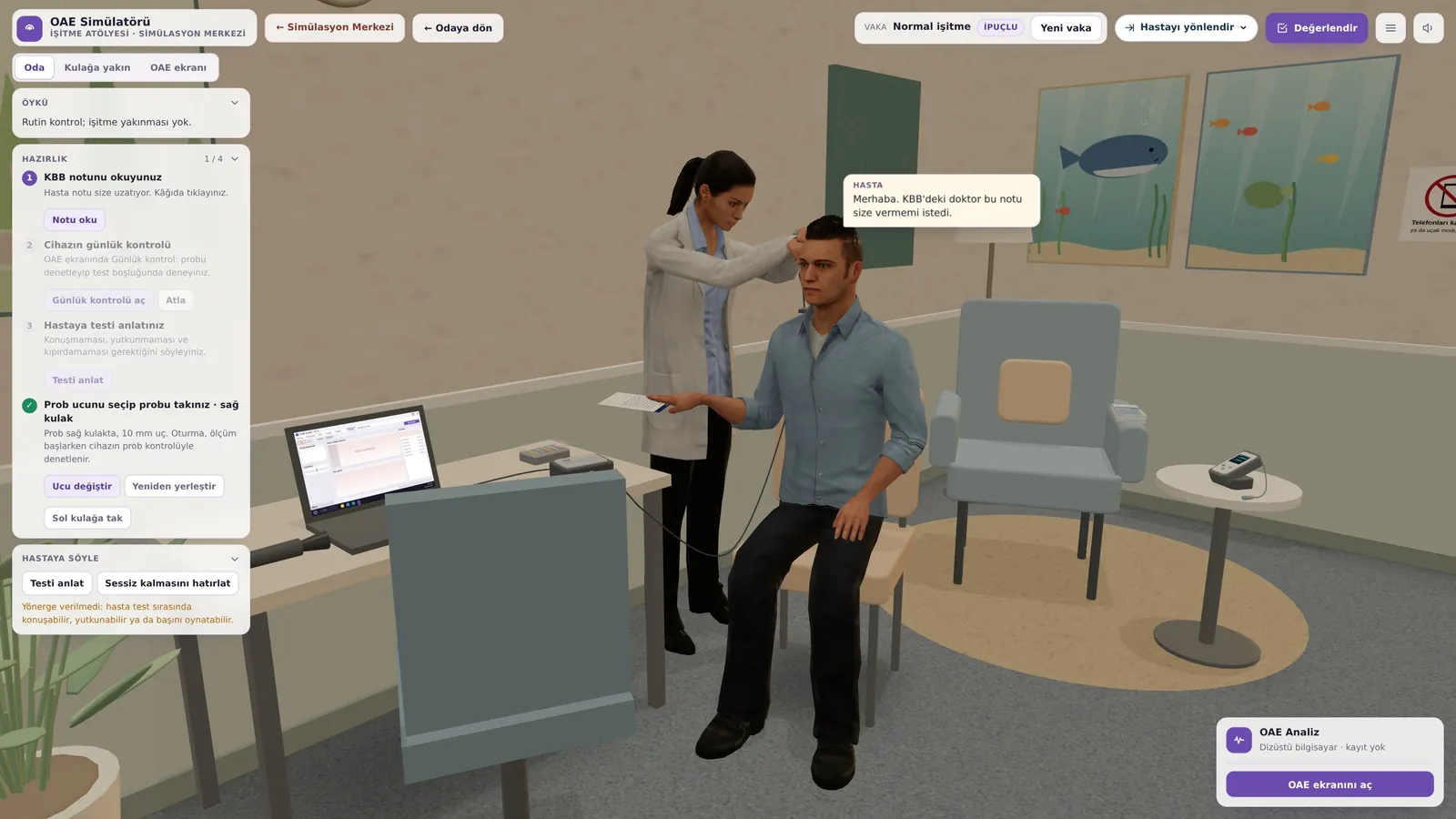 Fitting the probe: the patient in the chair, the probe check on the device screen.