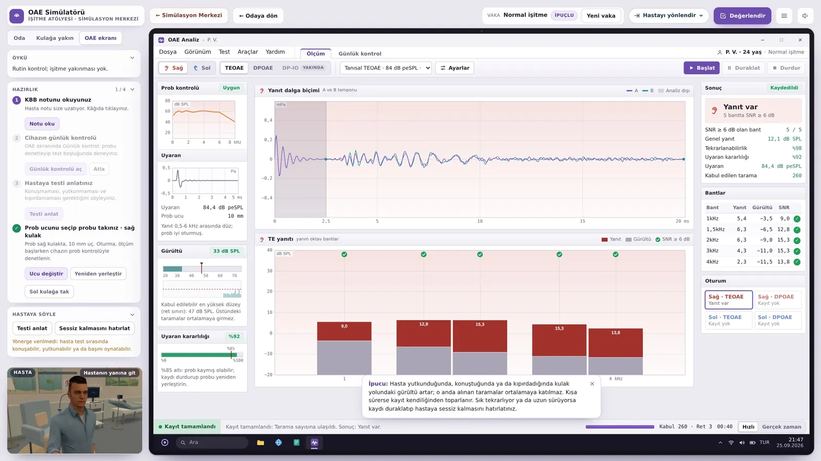 TEOAE: waveform, response and noise in half-octave bands.