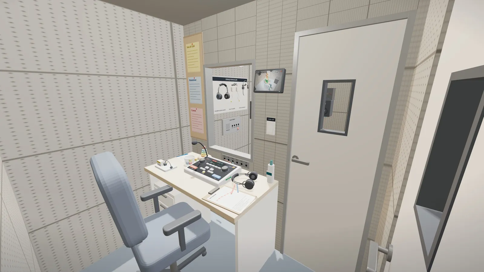Control room: audiometer, transducer tray and observation window.